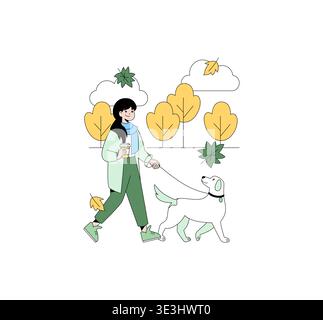 Vector illustration of a woman walking her dog on an autumn day, holding a coffee cup, surrounded by colorful trees and falling leaves. Her expression is cheerful and relaxed. Stock Vector