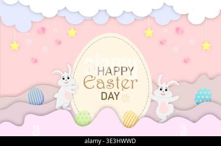 Two bunny are greeting wish to Happy Easter Day. Easter postcard of vector paper cut. Stock Vector