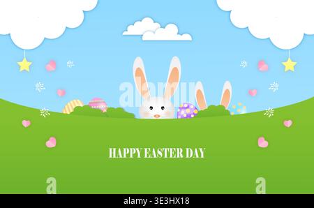The little bunny plays hiding Easter eggs in the meadow  Happy Easter postcard of vector. Stock Vector