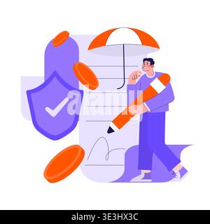 Vector illustration depicting a person joyfully signing an insurance contract. Features a protective umbrella, coins, and a shield symbolizing security and assurance. Stock Vector