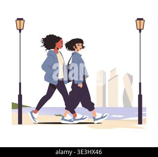 Vector illustration of two friends walking side by side on a city street, surrounded by modern architecture and street lamps. Both appear relaxed and engaged in conversation while enjoying a casual stroll. Stock Vector