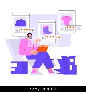 Vector illustration of a person sitting with a laptop, reviewing online shopping items and ratings. Various products like bags, socks, and shirts are displayed on the screen. Stock Vector