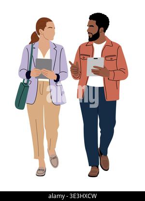 Man, woman walk together engaged in conversation Stock Vector