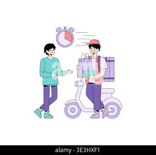 Vector illustration of a courier delivering a package to a customer. The courier stands with a scooter and gives a package, while both people display friendly expressions. Stock Vector