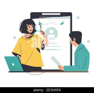 Vector illustration of a woman using a magnifying glass to analyze data on a large digital screen while a man observes. Represents data analysis and teamwork concepts. Stock Vector