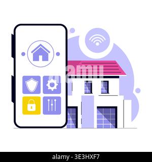 Vector illustration depicting a smartphone interface for smart home control. The image shows security and automation icons, emphasizing the convenience of smart technology in modern homes. Stock Vector