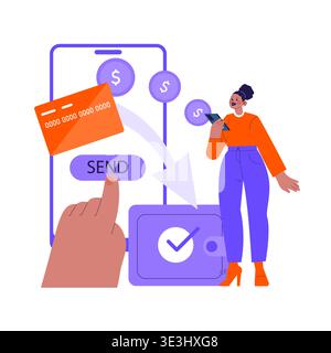 Vector illustration depicting a mobile payment transaction. A user interacts with a smartphone to send money, while digital elements like a credit card and virtual wallet are highlighted. Stock Vector