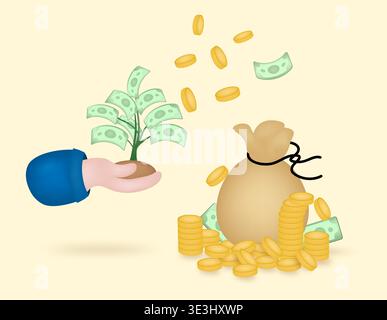 Grow rich money tree in hand. Money creative business 3d design gold coins. Saving finance investment. Financial services. Vector illustration Stock Vector