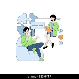 Vector illustration depicting two individuals engaged in a virtual meeting. One person is taking notes while the other speaks, set against a background with digital communication icons. Stock Vector