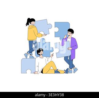 Group of three people happily assembling large puzzle pieces. The illustration shows teamwork, cooperation, and problem-solving as they work together to fit the pieces perfectly in place. Stock Vector