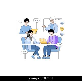 Vector illustration depicting a virtual team meeting with participants actively discussing and collaborating via video call. Emphasizes modern communication and teamwork dynamics. Stock Vector