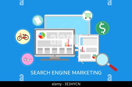 Seo marketing campaign,SEM, Business Search engine optimization. Internet Marketing search flat vector with icons and texts Stock Vector