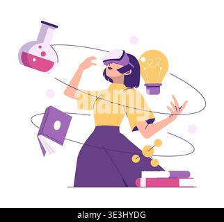 Woman using VR headset surrounded by educational symbols like books, chemistry flask, and light bulb, illustrating modern interactive learning. Concept of virtual reality in education. Stock Vector