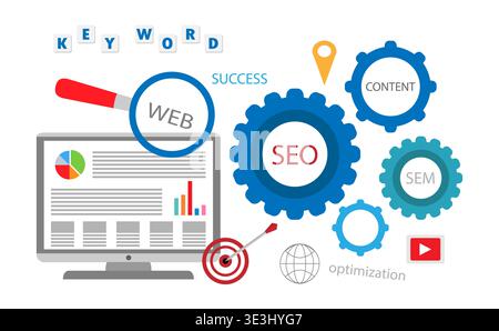 Seo marketing campaign,SEM, Business Search engine optimization. Internet Marketing search flat vector with icons and texts Stock Vector