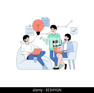 Vector illustration of three people engaged in a discussion while using laptops, symbolizing teamwork and idea generation. A light bulb icon represents innovative thinking. Stock Vector