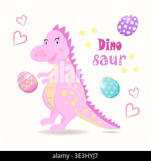 Dino Princess. Cute Dino pink cartoon dino. Vector hand drawn illustration. Isolated cartoon illustration for kid game, book, t-shirt, textile Stock Vector