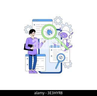 Vector illustration depicting a person using an AI assistant to analyze bugs. The scene includes magnifying glasses highlighting bugs on web pages, symbolizing collaborative problem-solving. Stock Vector