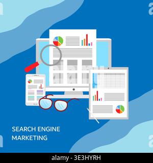 Seo marketing campaign,SEM, Business Search engine optimization. Internet Marketing search flat vector with icons and texts Stock Vector