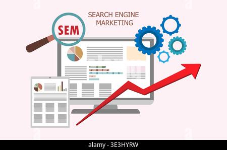 Flat modern design elements about Search Engine Marketing process.Tools of search internet marketing. Vector illustration Stock Vector