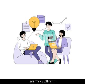 Vector illustration of three people collaborating on business ideas with laptops and devices. They are engaged in a creative discussion, depicting teamwork, innovation, and productivity. Stock Vector