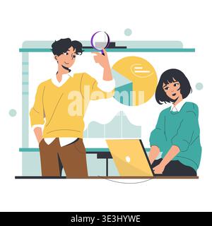Vector illustration showing a business analysis discussion between two focused individuals. One points at data on a screen while the other works on a laptop, highlighting collaboration and analysis. Stock Vector