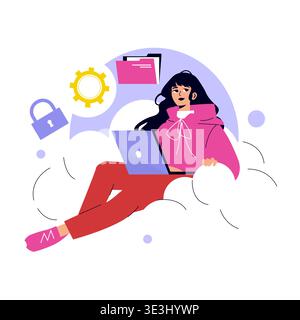 Vector illustration of a woman sitting on a cloud with a laptop, representing cloud computing and data security. The image includes symbols like locks and gears to emphasize technology. Stock Vector
