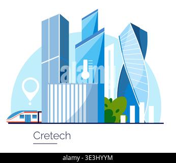 Vector illustration of a modern smart city featuring futuristic skyscrapers, public transportation, and eco-friendly elements. Reflects innovative urban development and smart technology integration. Stock Vector