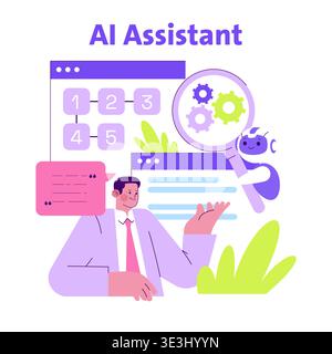 AI assistant vector illustration showing interaction between a human and AI. Depicts a person gesturing toward digital elements with gears and icons, symbolizing technology collaboration. Stock Vector