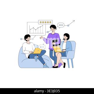 Vector illustration showcasing three people collaborating with laptops, visualizing data graphs and performance goals. Characters are engaged and smiling, creating an atmosphere of teamwork. Stock Vector