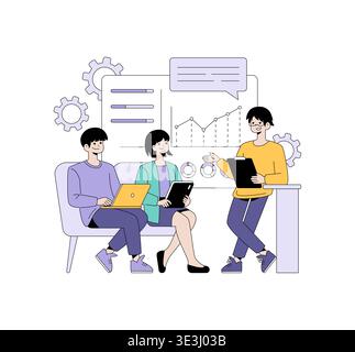 Vector illustration of a team collaborating with laptops and tablets. Three people discuss data charts, gears in the background, showcasing teamwork and digital cooperation. Stock Vector
