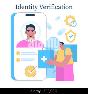 Vector illustration depicting an identity verification process. Features a person interacting with a smartphone displaying facial recognition elements, showcasing digital security. Stock Vector