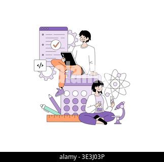 Vector illustration of two students exploring science and technology. One holds a tablet while the other examines a test tube and beaker, surrounded by educational symbols. Stock Vector