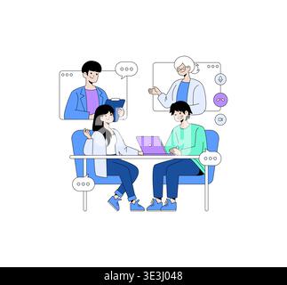 Vector illustration of animated team members collaborating in a virtual meeting setting. Two individuals engage in discussion at a table with two more colleagues joining virtually. Stock Vector