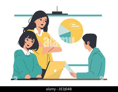 Vector illustration of a focused team brainstorming in an office setting. Three individuals are engaged in discussion, with one presenting a chart on a laptop, reflecting collaboration and teamwork. Stock Vector