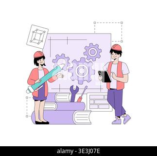 Vector illustration of two engineers discussing gear design. They are examining blueprints, holding tools and a digital tablet, showcasing teamwork and problem-solving in engineering. Stock Vector