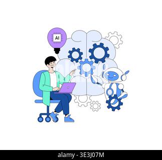 Vector illustration of a person using a laptop while interacting with a friendly robot. They collaborate on artificial intelligence development, surrounded by gears and a brain symbol. Stock Vector