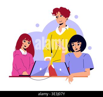 Vector illustration of a collaborative team meeting with three people using laptops, engaging and exchanging ideas. The vibrant colors and expressions suggest a positive, creative atmosphere. Stock Vector