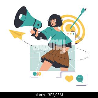 Vector illustration of a woman holding a megaphone, emphasizing advocacy. The figure's determined expression, paper plane, and target symbols suggest communication and goal achievement. Stock Vector