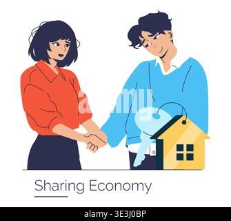 Sharing economy vector illustration featuring two individuals shaking hands, symbolizing a mutual agreement and trust. The image includes a key and house, emphasizing property sharing. Stock Vector