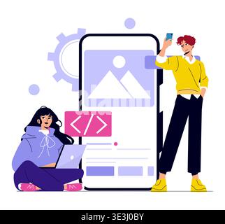 Vector illustration depicting two individuals engaged in mobile app design and development. One is coding on a laptop, while the other is taking a photo with a smartphone in a creative setting. Stock Vector