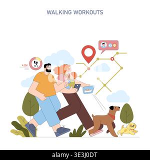 Vector illustration of a happy family enjoying a walking workout with a dog, using digital devices for fitness tracking and navigation. Displays motivational and active lifestyle elements. Stock Vector