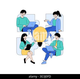 Vector illustration of four people collaborating around a lightbulb puzzle piece, representing teamwork and idea generation. They use laptops and tablets, engaging in creative problem-solving. Stock Vector
