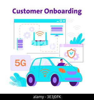 Vector illustration depicting customer onboarding for 5G technology. A person in a car interacts with digital interfaces, showcasing network connectivity and innovative solutions. Stock Vector