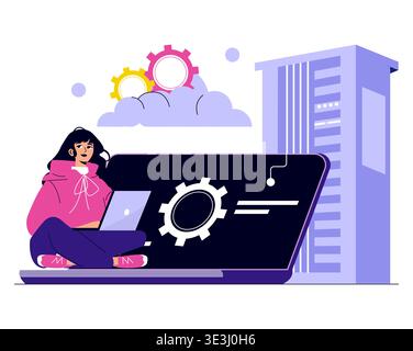 Woman sitting with a laptop, cloud computing elements and gears as a backdrop illustrate technology concepts. The vector illustration highlights digital innovation and connectivity. Stock Vector