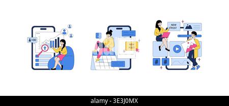 Vector illustration depicting people interacting with digital devices, analyzing growth charts, posting new content, and working on social media platforms with positive expressions. Stock Vector