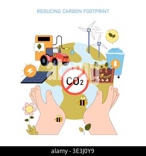 Vector illustration depicting eco-friendly practices to reduce carbon footprint. Features renewable energy, recycling, composting, and a ban on CO2 emissions, emphasizing sustainability. Stock Vector