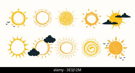 Hand Drawn Sun Icon Set. Creative doodle drawings of yellow sunshine symbols and clouds isolated on white Background. Summer and weather signs perfect Stock Vector