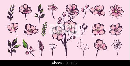 Pink Cherry Blossom Hand Drawn Grunge Icon Set. Sweet doodle drawings of Sakura flower. Symbols isolated on pink background. Japanese spring and Stock Vector