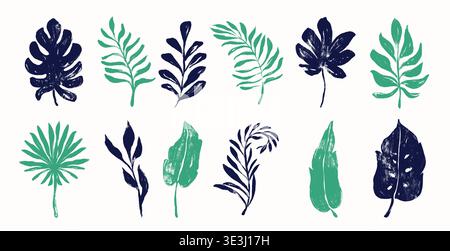 Grunge Tropical Leaf Icon Collection. Hand drawn organic ink doodle drawings of tropical foliage leaves isolated on white background. Nature and Stock Vector