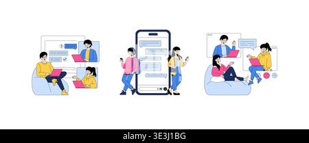 Vector illustration depicting people engaged in online messaging using laptops and smartphones. Characters are communicating through a social media interface, highlighting digital interaction. Stock Vector